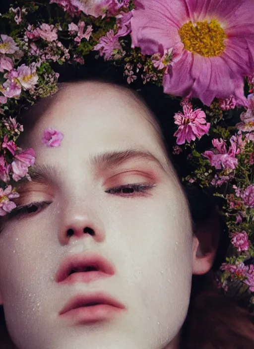 Image similar to Kodak Portra 400, 8K,ARTSTATION, Caroline Gariba, soft light, volumetric lighting, highly detailed, britt marling style 3/4 , extreme Close-up portrait photography of a Dorian Electra hiding in flowers how pre-Raphaelites with his eyes closed,inspired by Ophelia paint, his face is under water Pamukkale, face above water in soapy bath tub, hair are intricate with highly detailed realistic , Realistic, Refined, Highly Detailed, interstellar outdoor soft pastel lighting colors scheme, outdoor fine photography, Hyper realistic, photo realistic