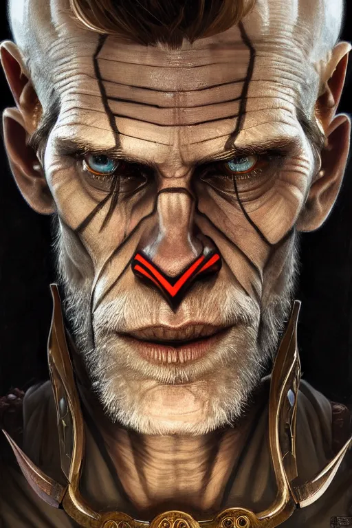 Image similar to symmetry!! portrait of willem dafoe in the style of god of war, machine parts embedded into face, intricate, elegant, highly detailed, digital painting, artstation, concept art, smooth, sharp focus, illustration, art by artgerm and greg rutkowski and alphonse mucha, 8 k