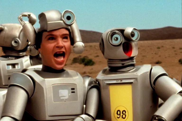 Image similar to a movie still from the 1985 summer blockbuster movie Back to the Robots directed by Steven Spielberg