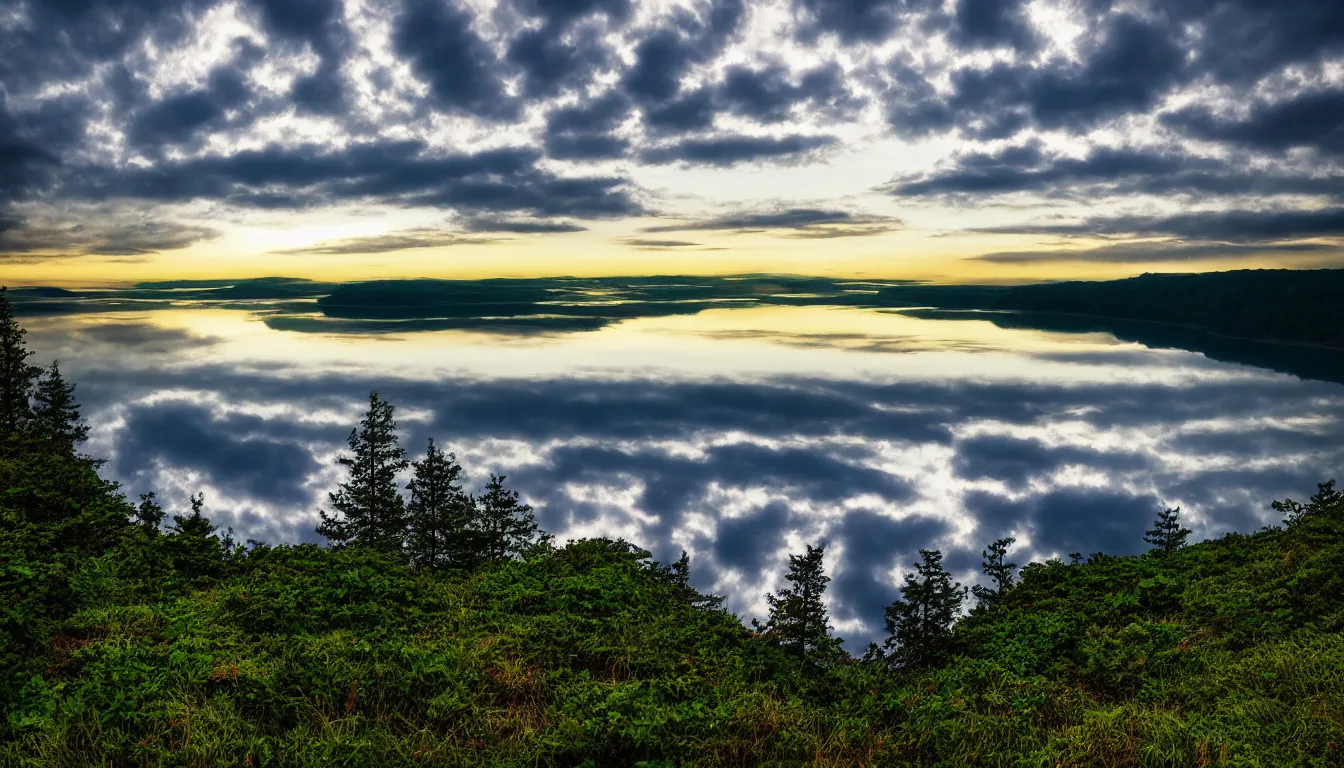 Image similar to calm lakeshore view from hill, cloud reflections, trees, nature, atmospheric, scary, claustrophobic, ambient vibe, very detailed, high resolution, 8 k