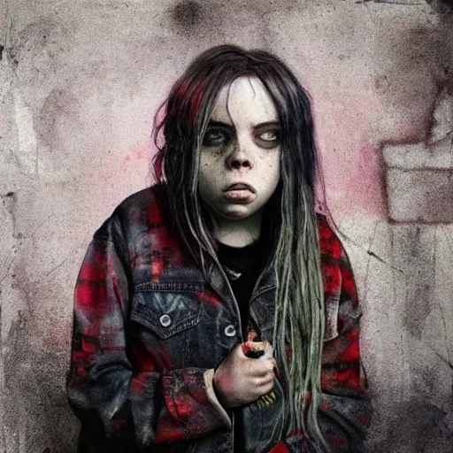 Prompt: grunge painting of billie eilish by michal karcz in the style of chucky