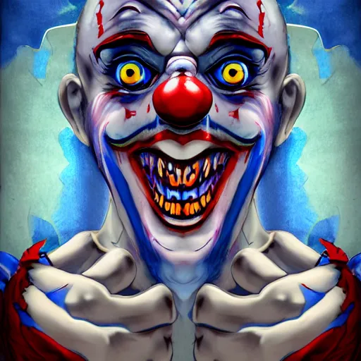 Image similar to 4K headshot of godlike clown with blue skin with defined arms and open hands and bloody clothes with giant mandala wings , white intricate scary clown makeup , flawless anime cel animation by Kentaro Miura, psychedelic , highly detailed upper body , professionally post-processed , beautiful, scary, symmetry accurate features, epic, octane rendered, anime masterpiece, accurate