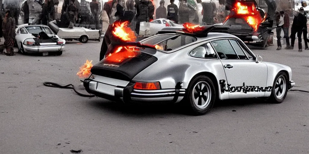 Prompt: porsche 911 time traveling in back 2 the future. flaming tire marks on the street behind. 88miles per hour