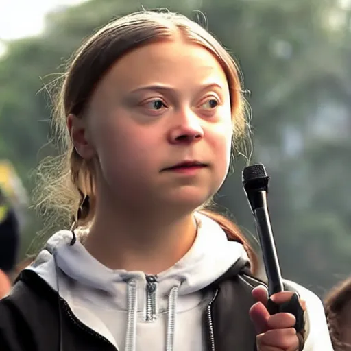 Image similar to greta thunberg hip hop rap battle video still,