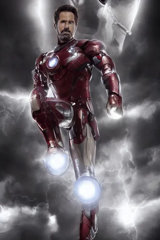 Image similar to ryan reynolds in a silver and black nano technology iron man suit, cinematic, volumetric lighting, f 8 aperture, cinematic eastman 5 3 8 4 film, photorealistic