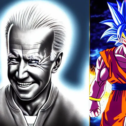 Image similar to ultra realistic portrait painting of joe biden as super saiyan goku, art by akira toriyama, 4 k, dragon ball artstyle, cel shaded, highly detailed, epic lighting