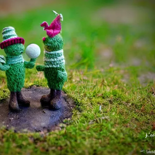 Image similar to a couple of small figurines sitting on top of a lush green field, a tilt shift photo by alexander jansson, featured on deviantart, fantasy art, made of beads and yarn, psychedelic, whimsical