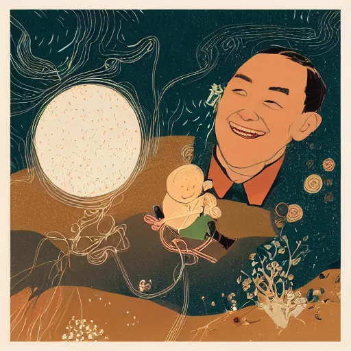 Prompt: a son imitate his father, joyful, illustration by victo ngai