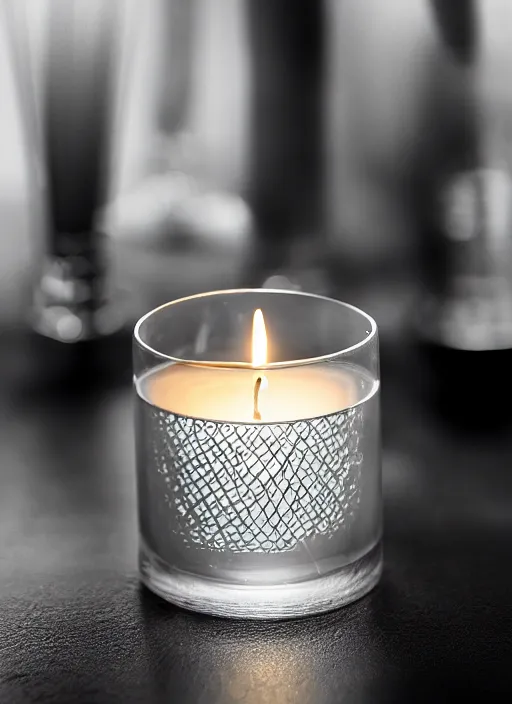 Prompt: A candle designed by Rene Lalique, transparent glass with intricate carbon fibers, studio photography, beautiful bokeh