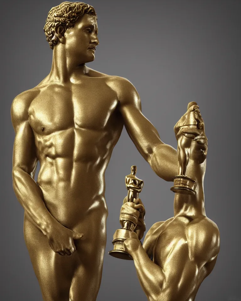 Image similar to statue of david as the oscar's award, photorealistic, highly detailed render, 4K