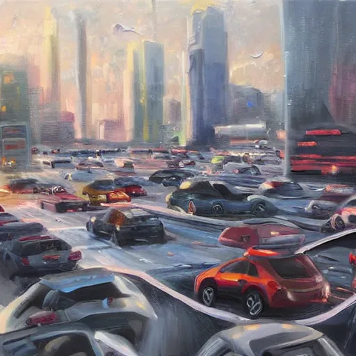 Prompt: oil painting, a traffic jam with some very angry drivers on a futuristic city