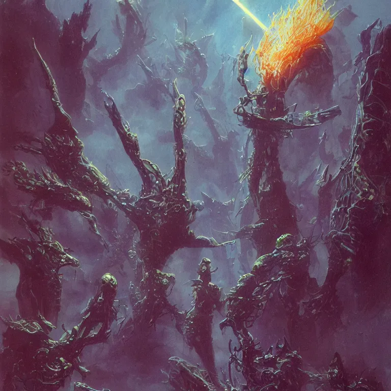 Image similar to extremely detailed intricate evocative column of treacherous light shooting into starwind suffocated by shapeless wraiths singing with somatic voices submerged in radioactive poison by Peter Andrew Jones