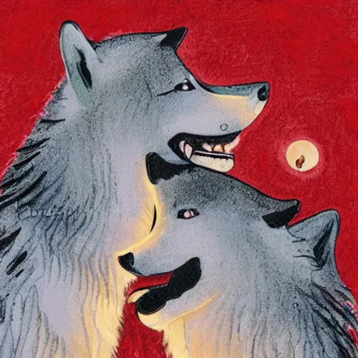 Prompt: wolf mothers singing to their children to come home by the light of the red moon