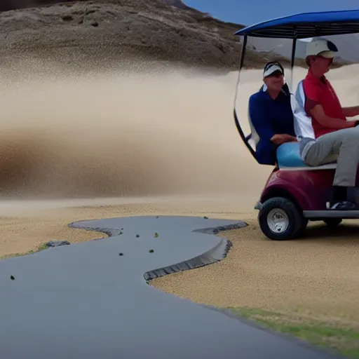 Image similar to golf cart obstacle course with sand traps, flowing water, lava, giant spiders. directed by steven spielberg. cinematic