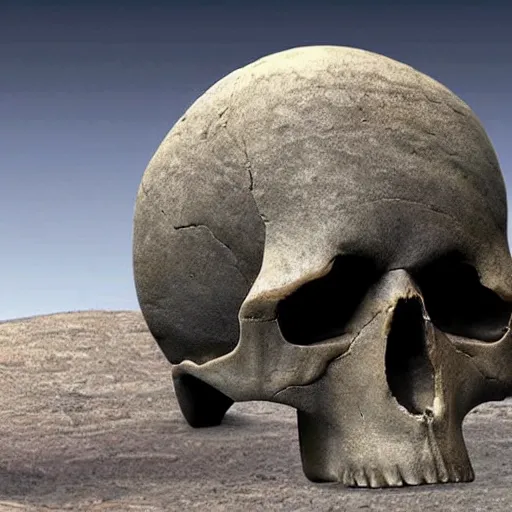 Prompt: giant cyclops skull found in a rock mountain, detailed, realistic, fossil find exsploration photo, nice lighting,