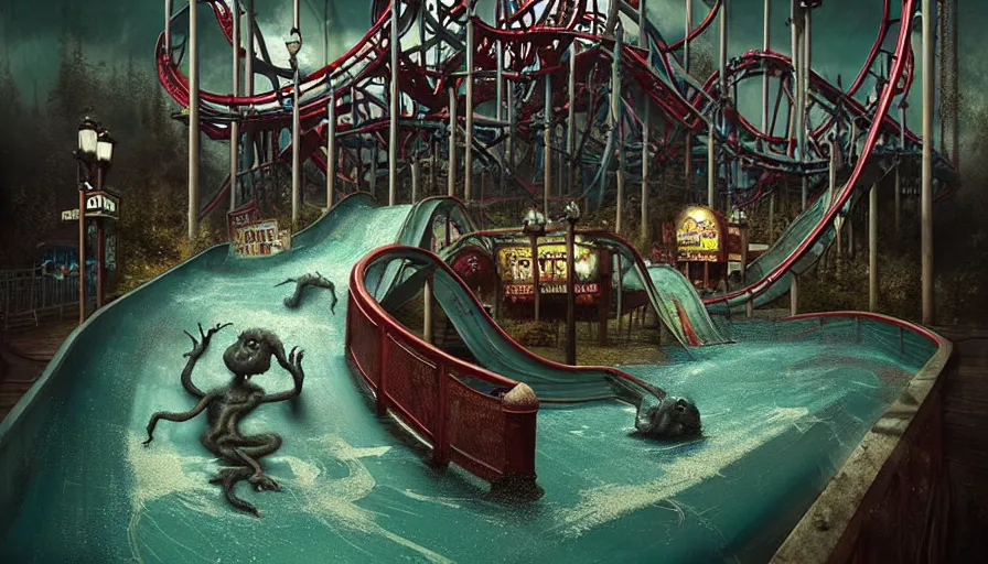 Image similar to michal karcz grunge painting of an amusement park, monster and horror theme. Monster-themed Water Coaster ride, detailed, elegant, intricate, 4k,