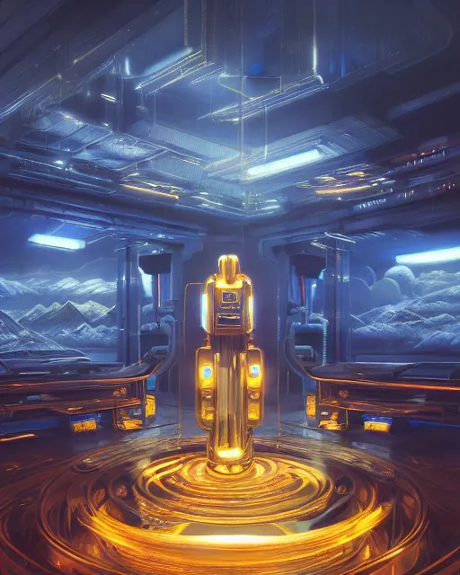 Prompt: cult of technology, exterior of scifi temple, machines, robots, ultra realistic, golden computers, blue, white, highly detailed, mountains, clouds, atmosphere, masterpiece, epic lighting, glowing wires, mysterious, illuminated, 4 k, cinematic, art by patryk olkiewicz and chris ostrowski and liang yao