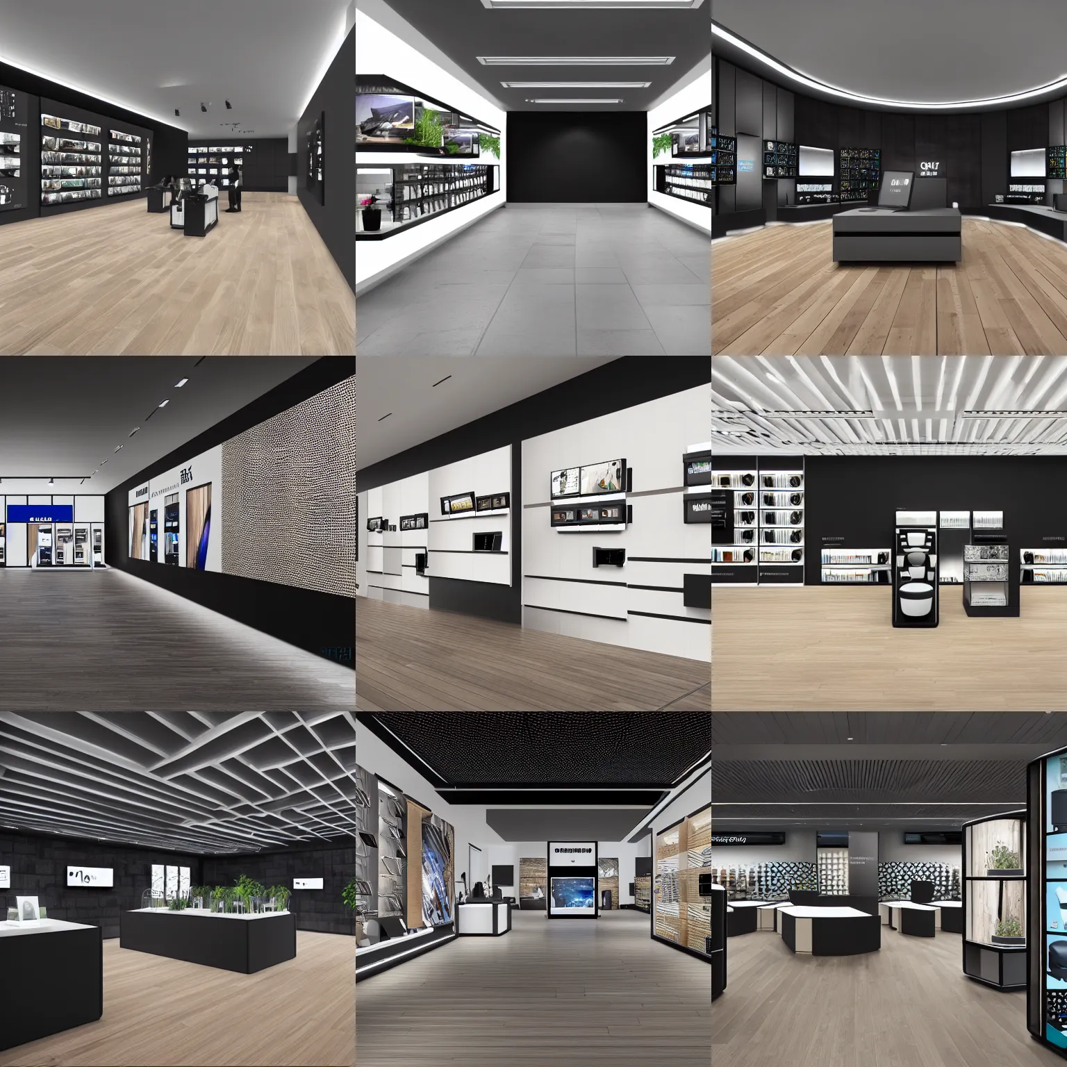 Prompt: hyperdetailed samsung store, oak parquet, black walls, digital walls, plants. octane render.