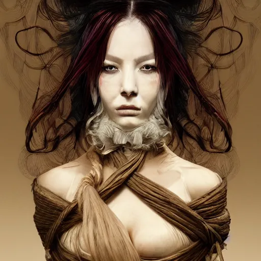 Image similar to portrait of a Shibari rope wrapped face and neck, headshot, insanely nice professional hair style, dramatic hair color, digital painting, of a old 17th century, old cyborg merchant, amber jewels, baroque, ornate clothing, scifi, realistic, hyperdetailed, chiaroscuro, concept art, art by Franz Hals and Jon Foster and Ayami Kojima and Amano and Karol Bak,