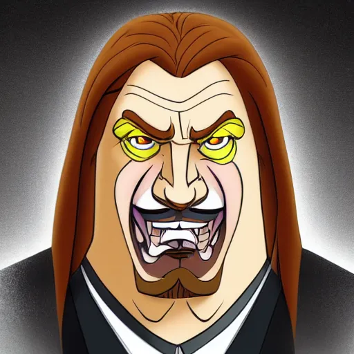 Image similar to Head-to-shoulder shot of Triple H as a Disney villain, Disney, Triple H, wrestling, WWE, Disney style, 2d, drawn image, beautifully drawn, Disney 2d animation still, digital 2D animation, traditional animation, Disney style, Disney animation, Deviantart, very coherent symmetrical artwork, heroic look, artstation, villain, brightly colored