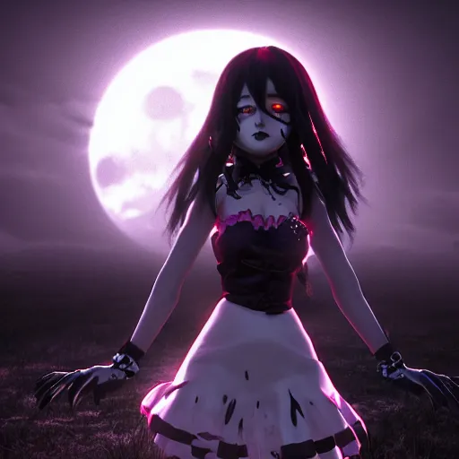 Prompt: full shot portrait of angry darkness Clara Morgane as a cute anime girl at moonlight, gothic wearing, inspired by Tim Burton, Amano, detailed, unreal engine 4k volumetric light, fog,