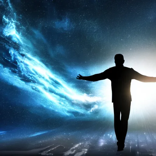 Image similar to 4K ultra HD detailed award-winning wallpaper of silhouette of man reaching his hand towards huge vast sky Earth universe