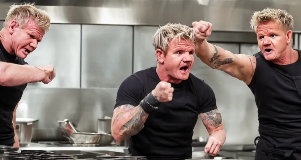 Image similar to photo of angry furious Gordon Ramsay fighting Gordon Ramsay at the kitchen