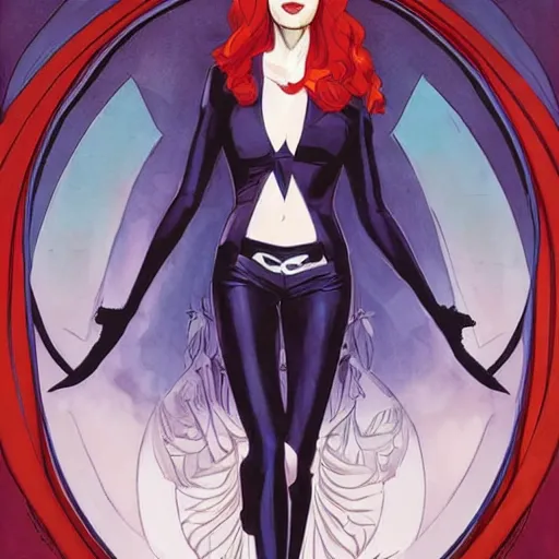 Image similar to Phil Noto comic art, wide shot, stunning elegant female Eva Green, Indigo Magician, beautiful evil sneer, symmetrical face, symmetrical eyes, leather clothing and boots, long straight red hair, full body, Indigo occult pattern