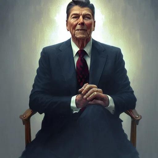 Prompt: portrait of ronald reagan, intricate, elegant, highly detailed, digital painting, blue light, artstation, concept art, smooth, sharp focus, illustration, art by artgerm and greg rutkowski and alphonse mucha and william - adolphe bouguereau