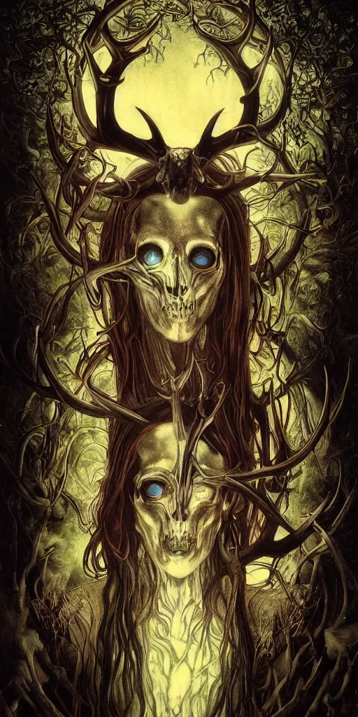 Prompt: intense glowing black metal pagan god with antlers and intense glowing eyes with a goat skull in very dark forest by johnson tsang and marco mazzoni and alphonse mucha, portrait, fantasy, clear, light beams, lens flare, intense, uhd, amazing depth, cinematic lighting, subtle shades of pastel