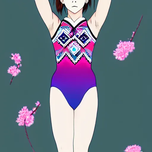 Image similar to a beautiful boyish emma watson alluring gravure model, wearing elegant japanese hiphop leotard outfit with subtle mayan patterns and native fashion, harajuku aztec fashion, gapmoe yandere grimdark, trending on pixiv fanbox, painted by samuel youn