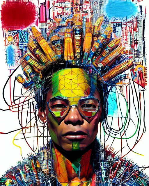 Prompt: a cyberpunk portrait of a king of hte world by jean - michel basquiat, by hayao miyazaki by artgerm, highly detailed, sacred geometry, mathematics, snake, geometry, cyberpunk, crown, vibrant, water