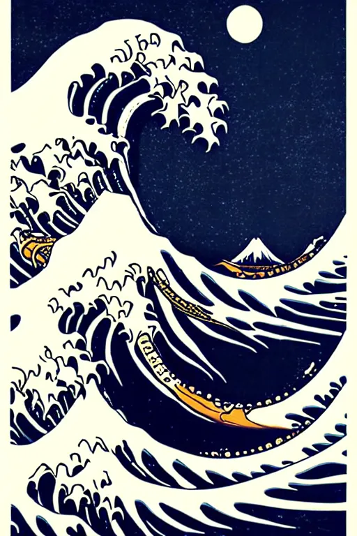 Image similar to Shepard Fairey Poster of The Great Wave off Kanagawa, Moon in the background, fine art photography