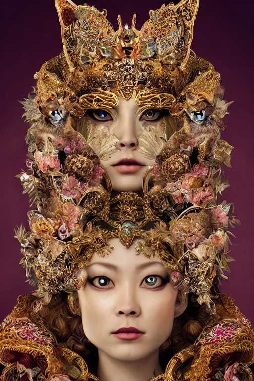 Image similar to a beautiful empress portrait, with a brilliant, impossible striking big Cat headpiece, clothes made of cats, everything cats, symmetrical, dramatic studio lighting, rococo, baroque, greens, asian, hyperrealism, closeup, D&D, fantasy, intricate, elegant, highly detailed, digital painting, artstation, octane render, 8k, concept art, matte, sharp focus, illustration, art by Artgerm and Greg Rutkowski and Alphonse Mucha