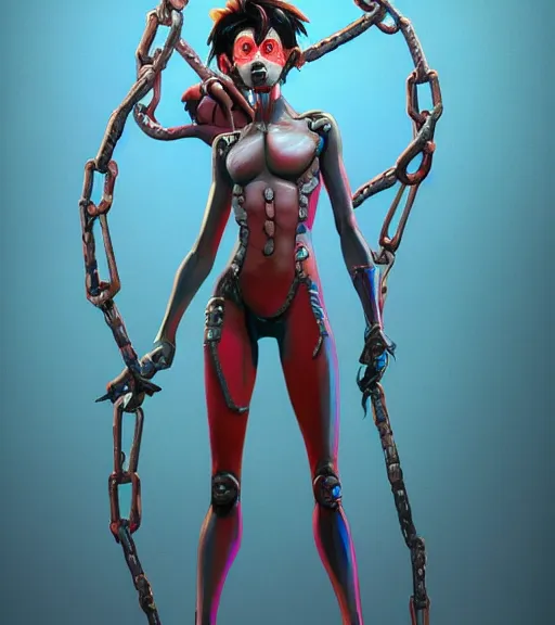 Image similar to full figure, painting of tracer from overwatch, in style of zdzisław beksinski, horror, 4 k, feminine facial features, full armor, full armor, detailed face, tall, dark ropes and chains in background