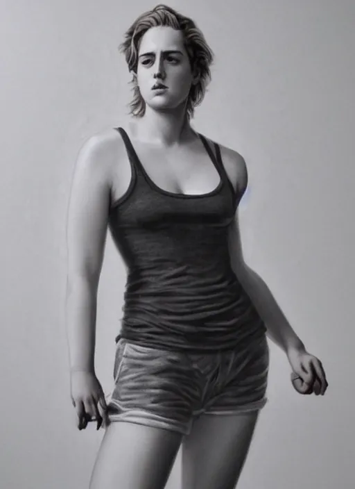 Image similar to full length photo of an similing Adele Haenel in a tanktop in the style of stefan kostic, full body, not realistic, sharp focus, 8k high definition, insanely detailed, intricate, elegant, art by stanley lau and artgerm