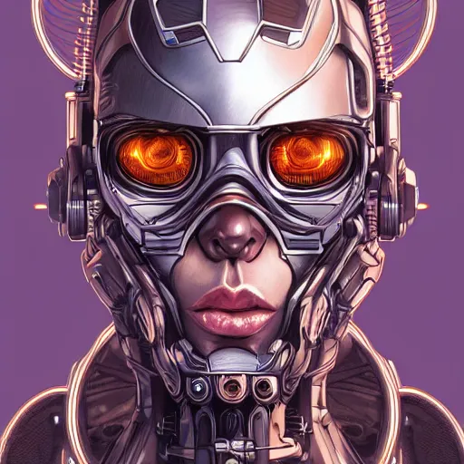 Image similar to lineart, colour, cyborg, portrait, steampunk, hyperdetailed, artstation