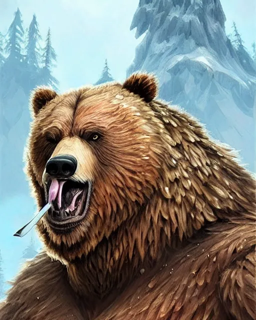 Prompt: anthropomorphic rugged grizzly bear!!! with furry!! oversized barbarian muscular armored upper body, action battle pose,long hair, 👅 👅 , D&D, fantasy, intricate, elegant, highly detailed, digital painting, artstation, concept art, smooth, sharp focus, illustration, art by artgerm and beeple and greg rutkowski and alphonse mucha