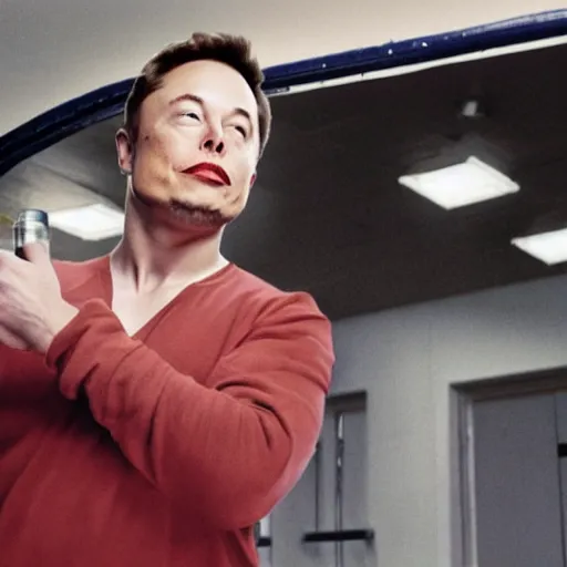 Prompt: elon musk sniffing fumes from a gas can, candid photo, college dorm room