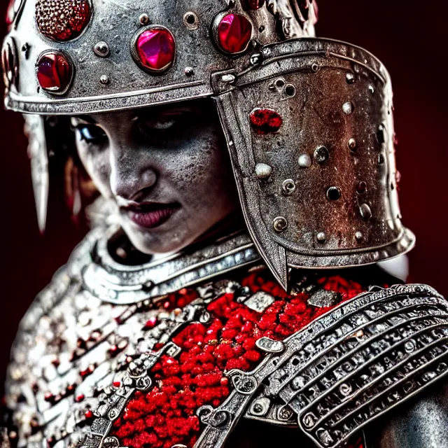 Prompt: photo of a beautiful! warrior with ruby encrusted armour, highly detailed, 8 k, hdr smooth, sharp focus, high resolution, award - winning photo, dslr, 5 0 mm