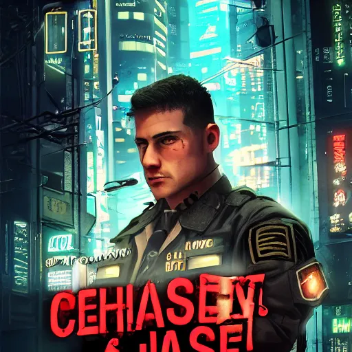 Image similar to book cover of a novel featuring sgt chase meeting the love of his life in jail, cyberpunk setting, 4 k resolution