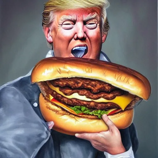 Image similar to realistic painting by jenny saville of!! donald trump!! licking a! cheeseburger!, art by jenny saville and tom bagshaw, detailed, sharp, smooth,! hamburger!