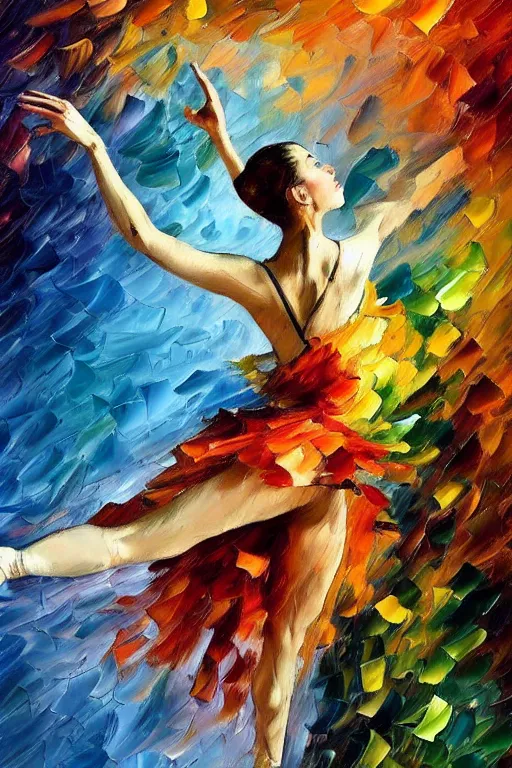 Image similar to palette knife oil painting of a leaping ballerina dancer, extreme detail, style by leonid afremov and degas, artstation, artgerm, deviant art, octane, substance, art history