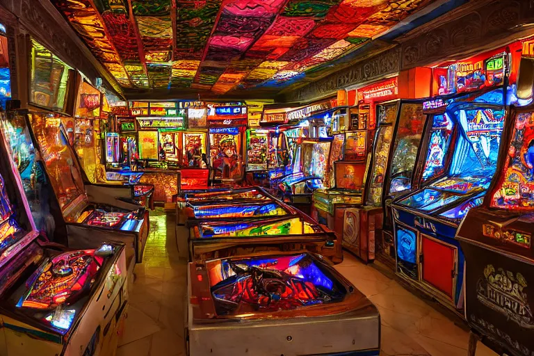 Image similar to mughal architecture interior of a lively early arcade full of videogame cabinets, pinball tables