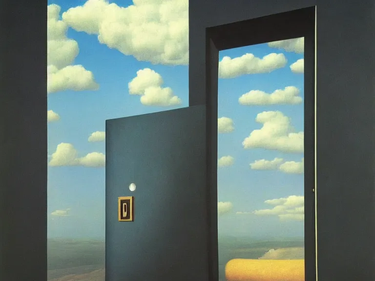 Image similar to a door to nothingness, painting by rene magritte, high detail, high resolution