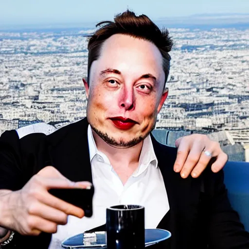 Image similar to selfie photo of Elon Musk drunk drunk drunk in the top of the Eiffel Tower of Paris, highly detailed skin and face