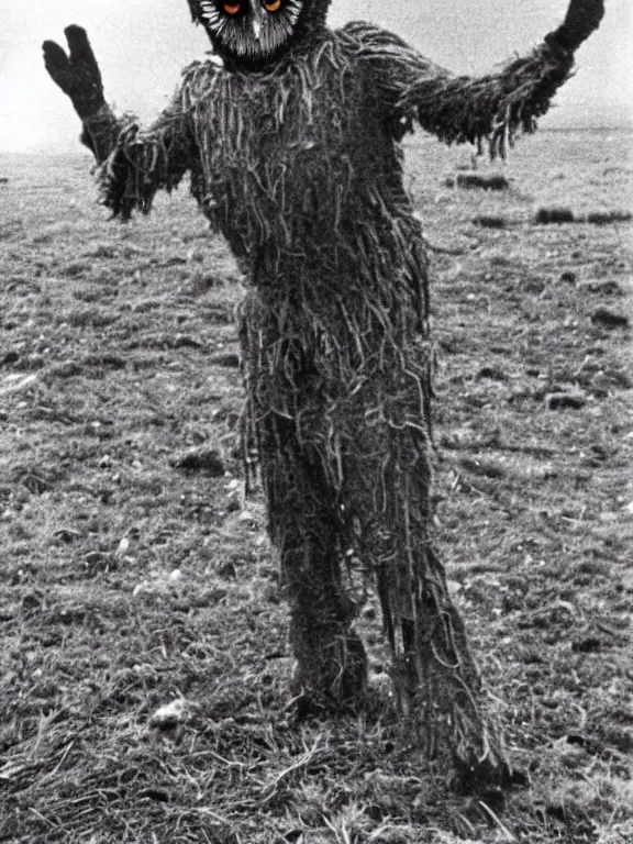 Prompt: 1 9 7 0's photo of the sighting of the cornish owlman, the owlman of mawnan