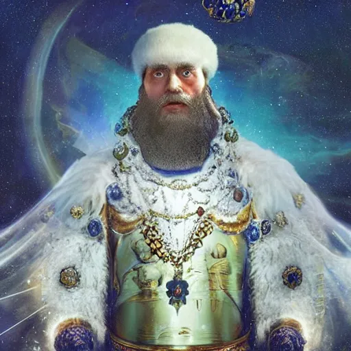 Image similar to ivan the terrible king floating in the cosmos with cosmic energy by tim walker and craig mullins,