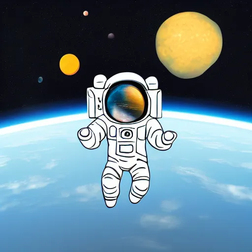 Image similar to A lonesome astronaut floating through space, with multiple colourful planets and stars in the background, and a deep blue sky, in the style of 60s scifi