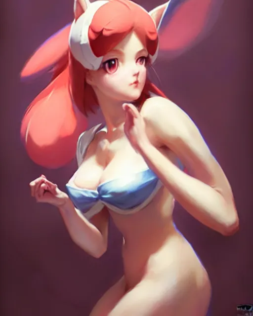 Image similar to photo of eevee pokecmon humanisation, by greg rutkowski, gil elvgren, enoch bolles, glossy skin, pearlescent, anime, very coherent